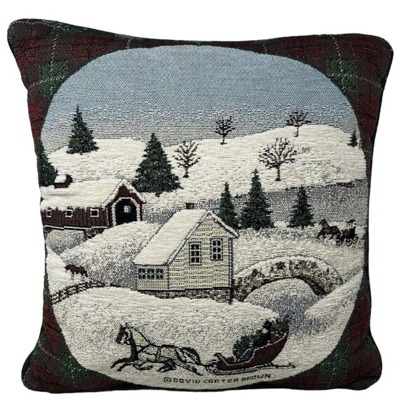 Tapestry Pillow Victorian Sleigh Ride David Carter Brown Snow Scene Plaid Trim - Picture 1 of 7